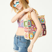 bohemian floral tote bag with bamboo handles, view 5 - MRSLM