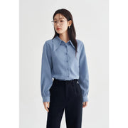 long sleeve polo neck blouse with petal cuffs, view 3 - MRSLM