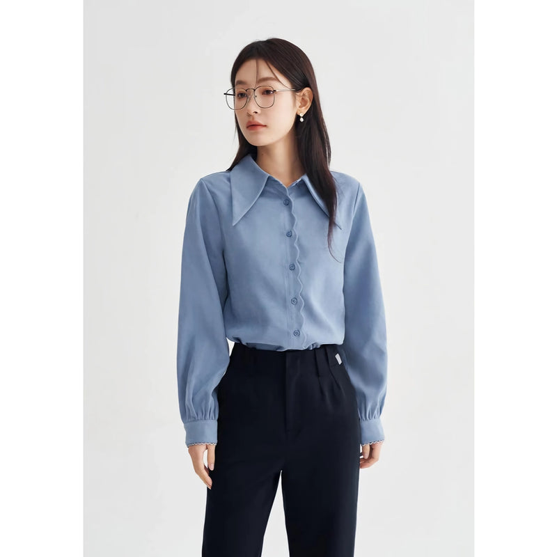 long sleeve polo neck blouse with petal cuffs, view 3 - MRSLM