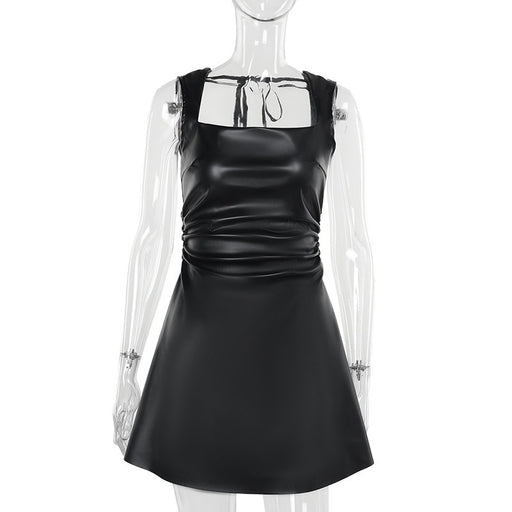 slim-fit pleated square collar dress, view 6 - MRSLM