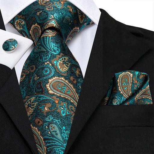 dark green paisley silk tie set with hanky and cufflinks - MRSLM