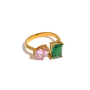 adjustable open ring with pink and green cubic zirconia, view 2 - MRSLM