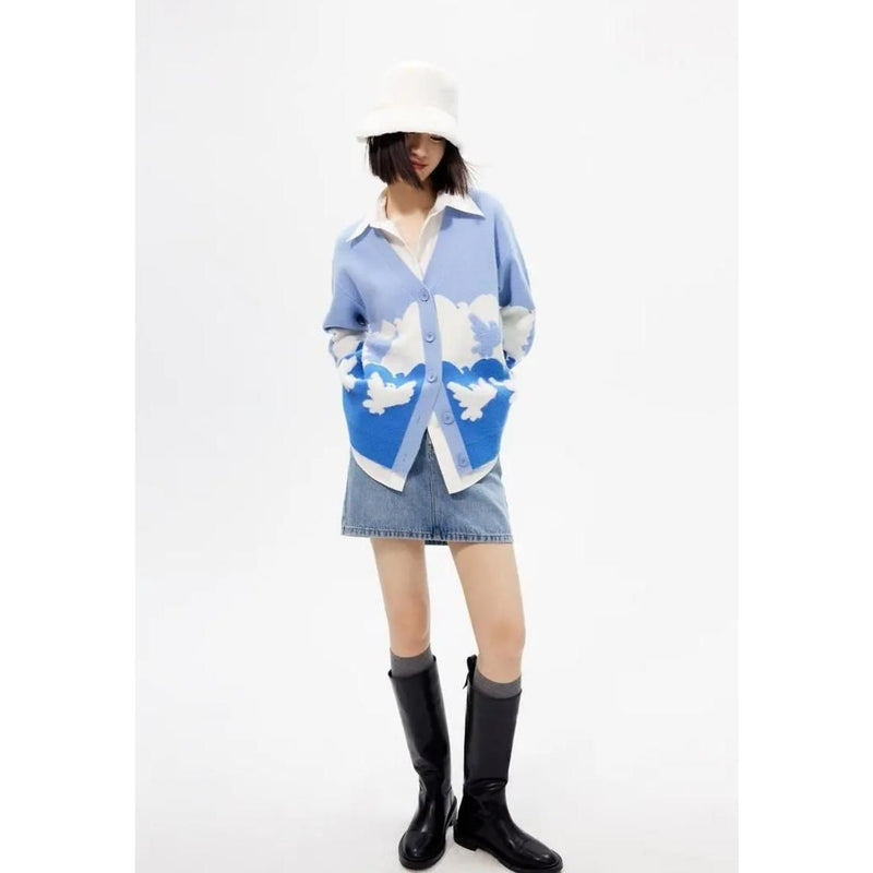 Blue V-neck knit cardigan, view 3 - MRSLM