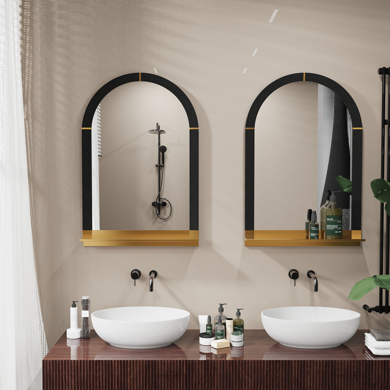arched black and gold wall mirror with shelf, view 3 - MRSLM