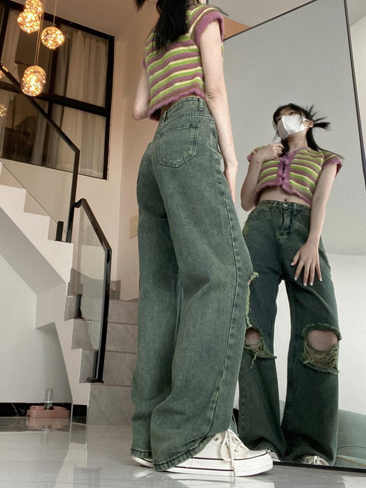 American Dark Green Torn Jeans With Wide Leg Pants For Women