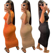 pleated short sleeve top and skirt dress set, view 2 - MRSLM