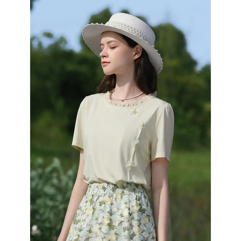 chic floral short sleeve T-shirt, view 5 - MRSLM