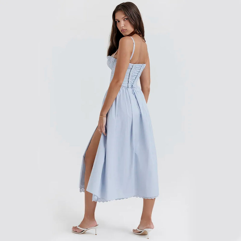 blue midi crochet dress, view 3 - MRSLM