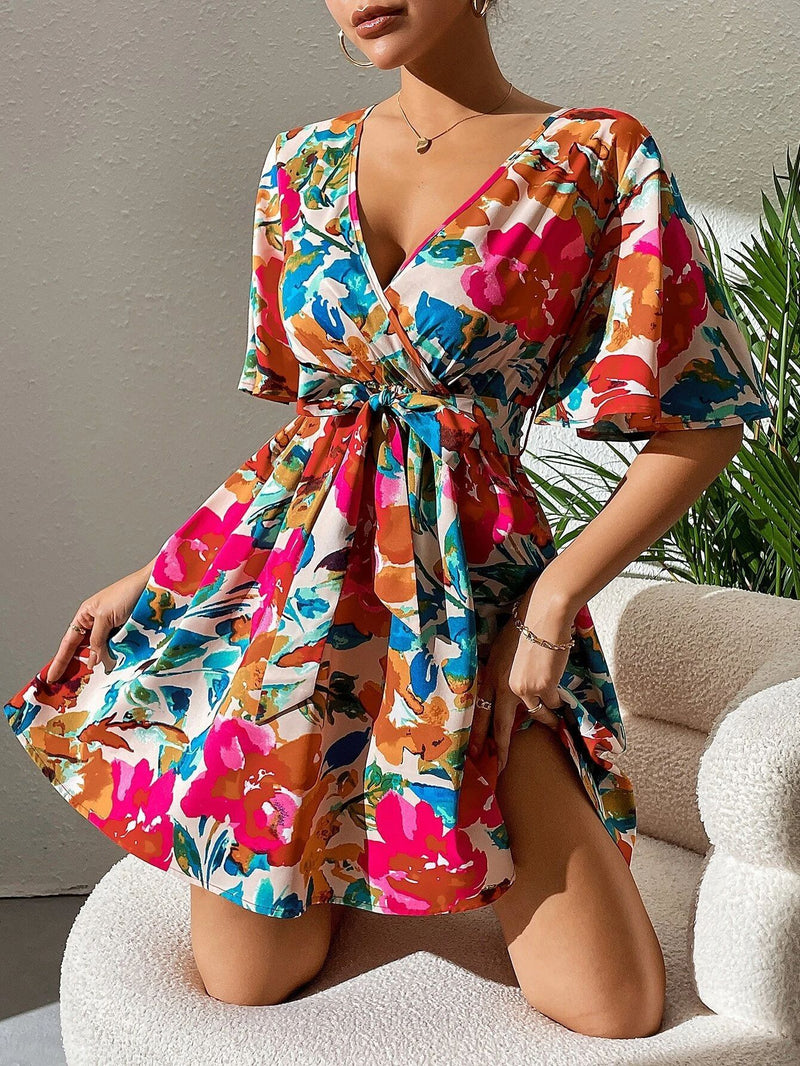 floral cross collar belted dress, view 6 - MRSLM