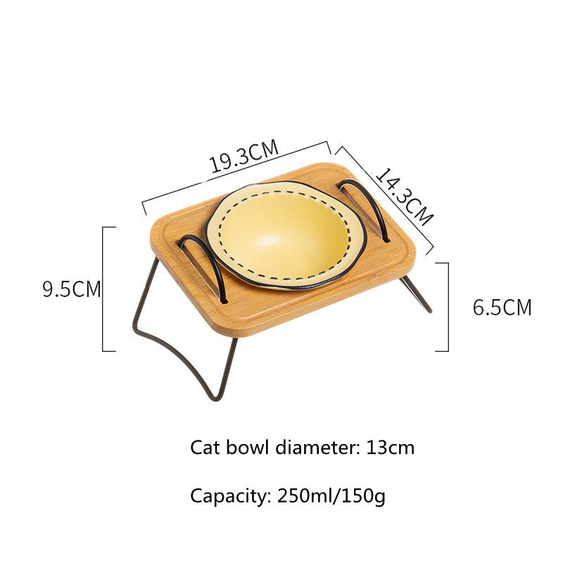 ceramic dog and cat bowl with wood stand, view 2 - MRSLM