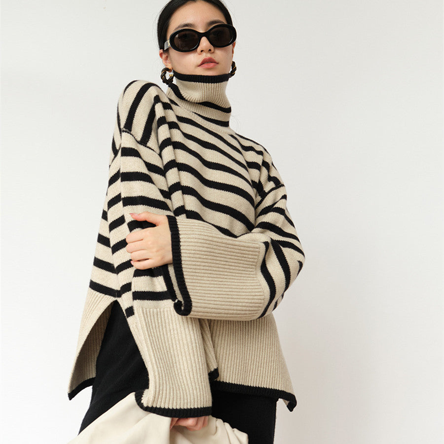 Women's Fashion Casual Loose Striped Turtleneck Sweater