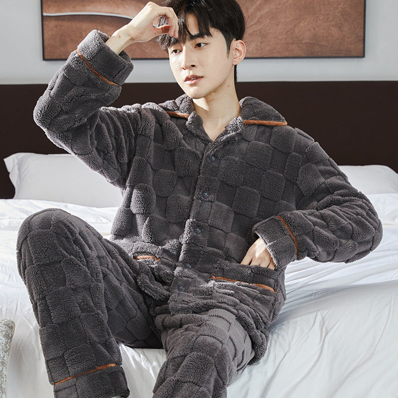 Men's fleece-lined flannel pajama set, view 10 - MRSLM