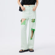 Green wide leg jeans for women, view 3 - MRSLM