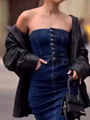 strapless button maxi dress, view 2 - MRSLM