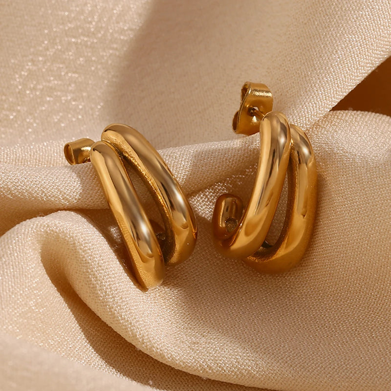 double layer banana shaped gold earrings, view 7 - MRSLM