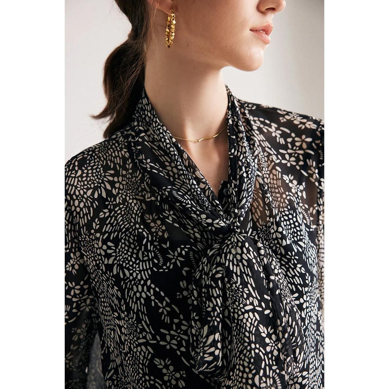 black printed silk blouse with bow collar, view 6 - MRSLM