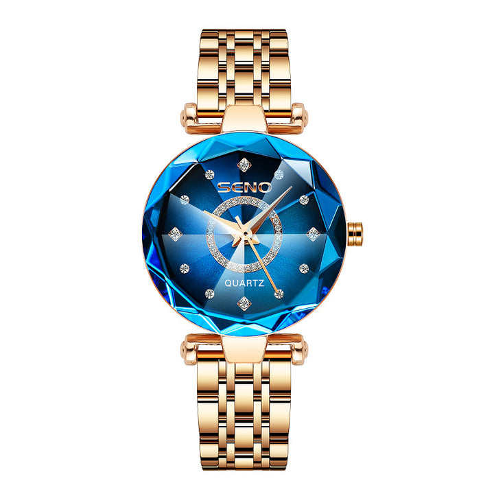 Starry Diamond Face Bright Polygonal Glass Solid Stainless Steel Strap Women's Waterproof Watch