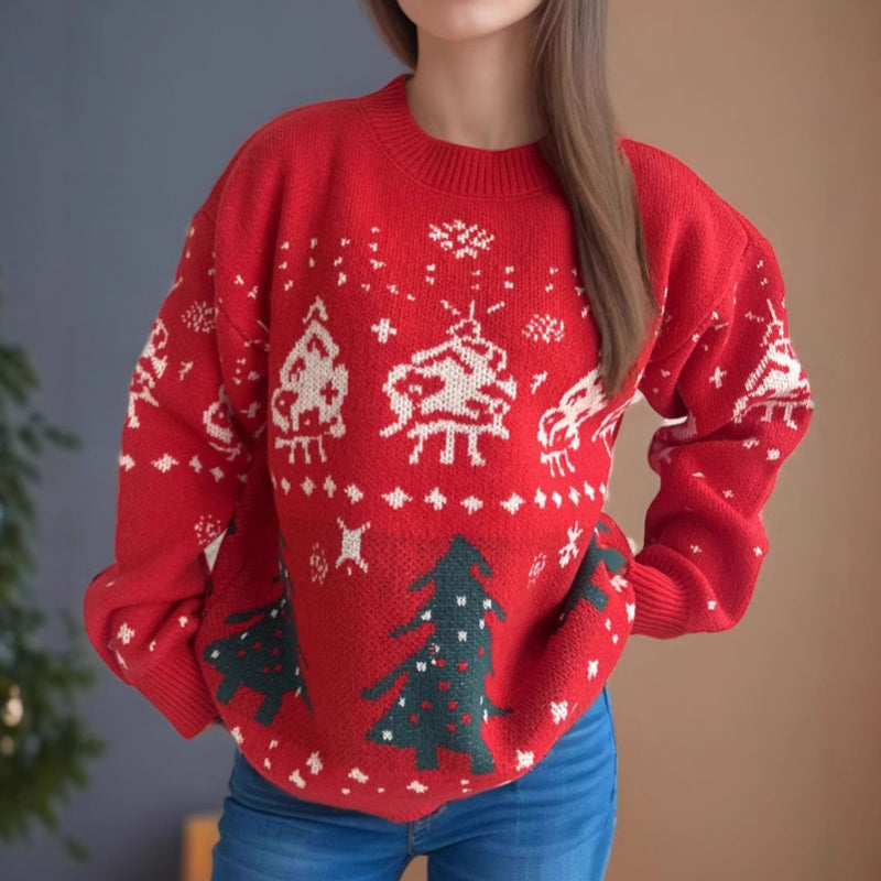 Women's red Nordic Christmas jacquard sweater, view 4 - MRSLM
