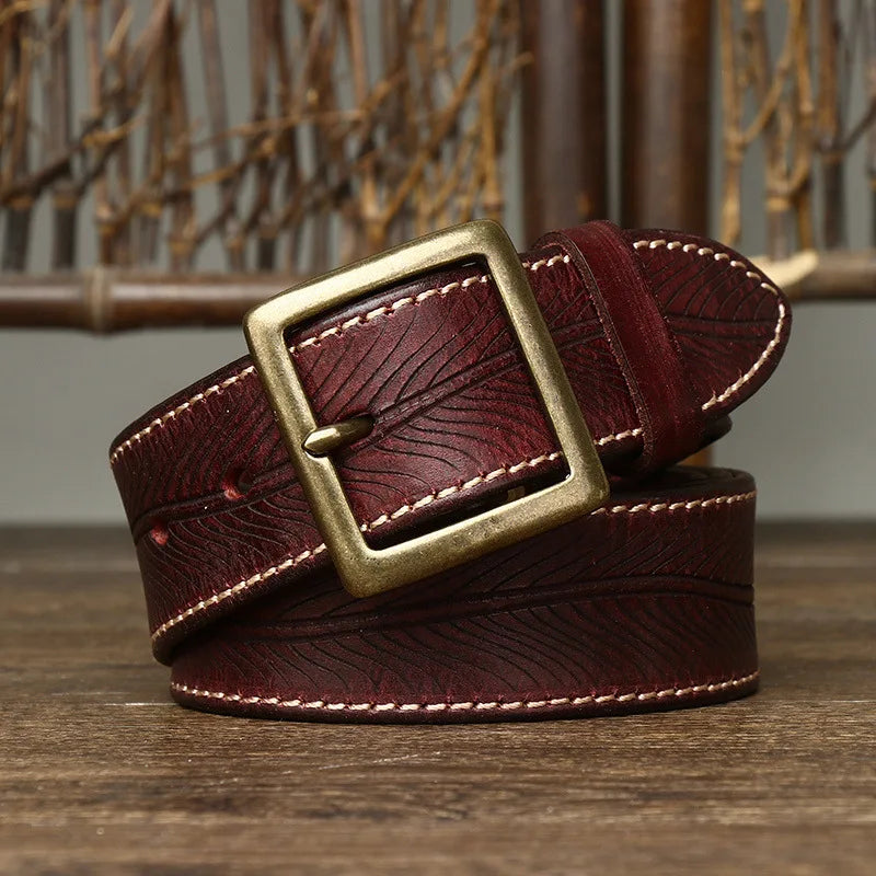 3.8CM Vintage Printed Leather Belt – Copper Buckle Cowhide Strap for Men’s Jeans