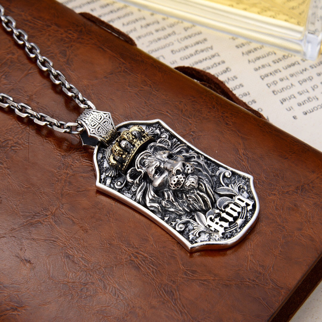 S925 Sterling Silver Thai Silver Necklace Men's Domineering Lion King Pendant