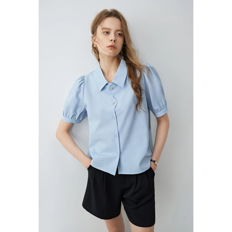 petal placket bubble sleeve top, view 3 - MRSLM