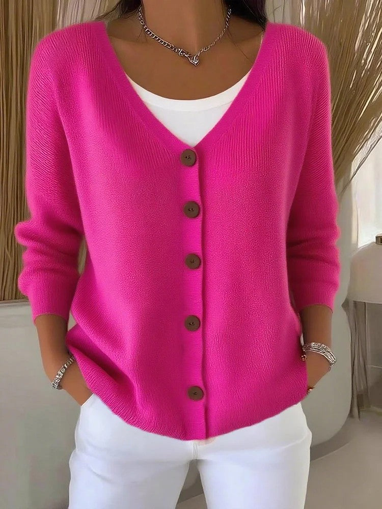 women's solid color button cardigan, view 9 - MRSLM