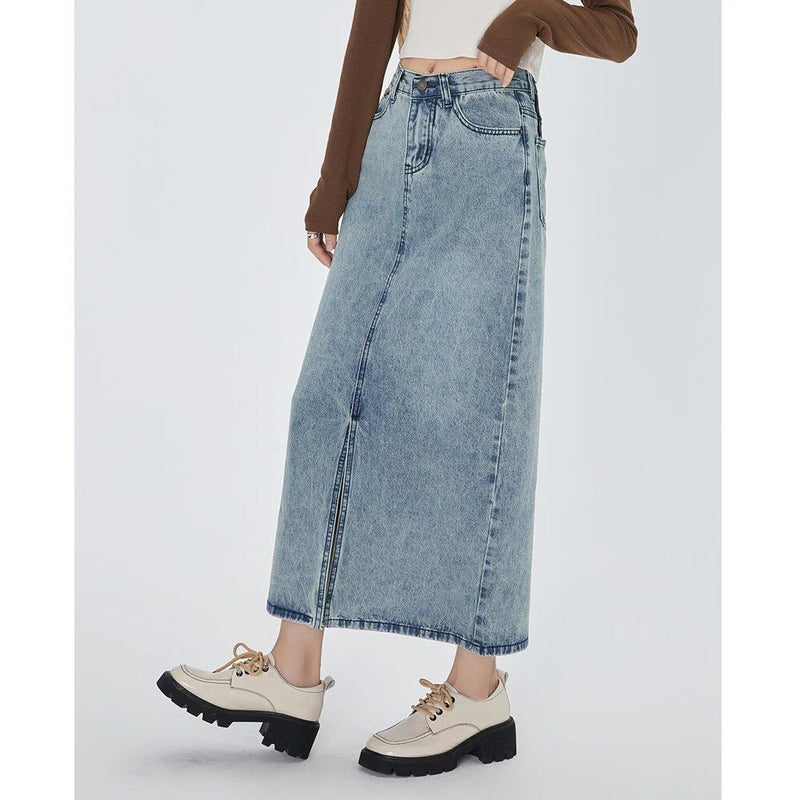 Classic high waist straight denim skirt, view 4 - MRSLM