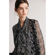 black printed silk blouse with bow collar, view 4 - MRSLM