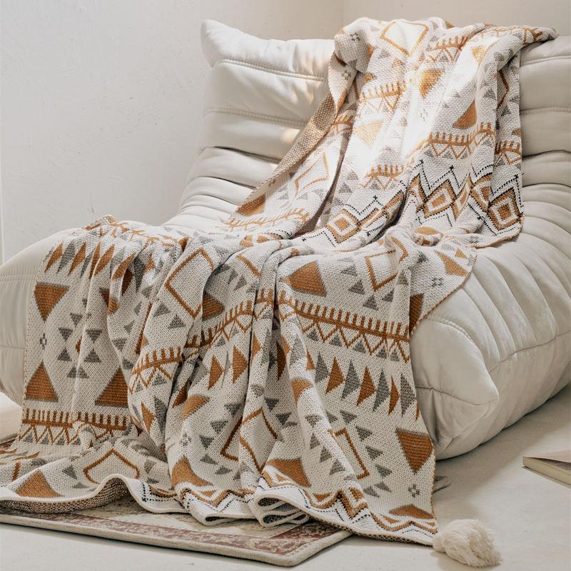 boho geometric cotton knitted blanket, view 3 - MRSLM