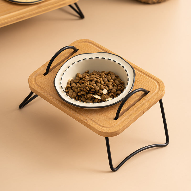 ceramic dog and cat bowl with wood stand, view 10 - MRSLM