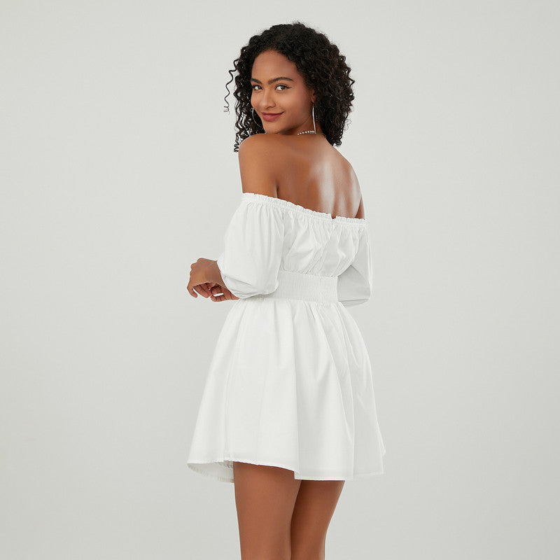 off-shoulder mini A-line dress with puff sleeves, view 4 - MRSLM