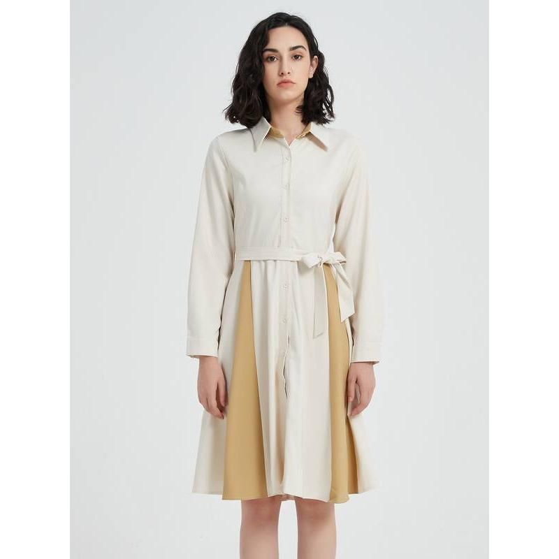 beige a-line long sleeve dress with belt, view 3 - MRSLM