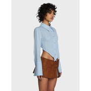 blue lace-up back blouse, view 5 - MRSLM