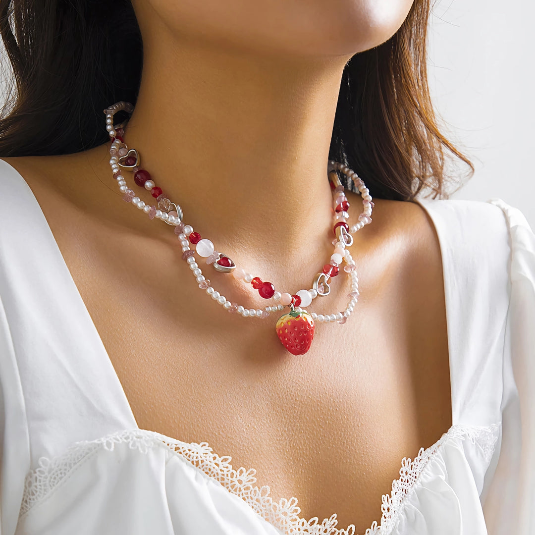 Elegant Strawberry Heart Pearl Choker Necklace