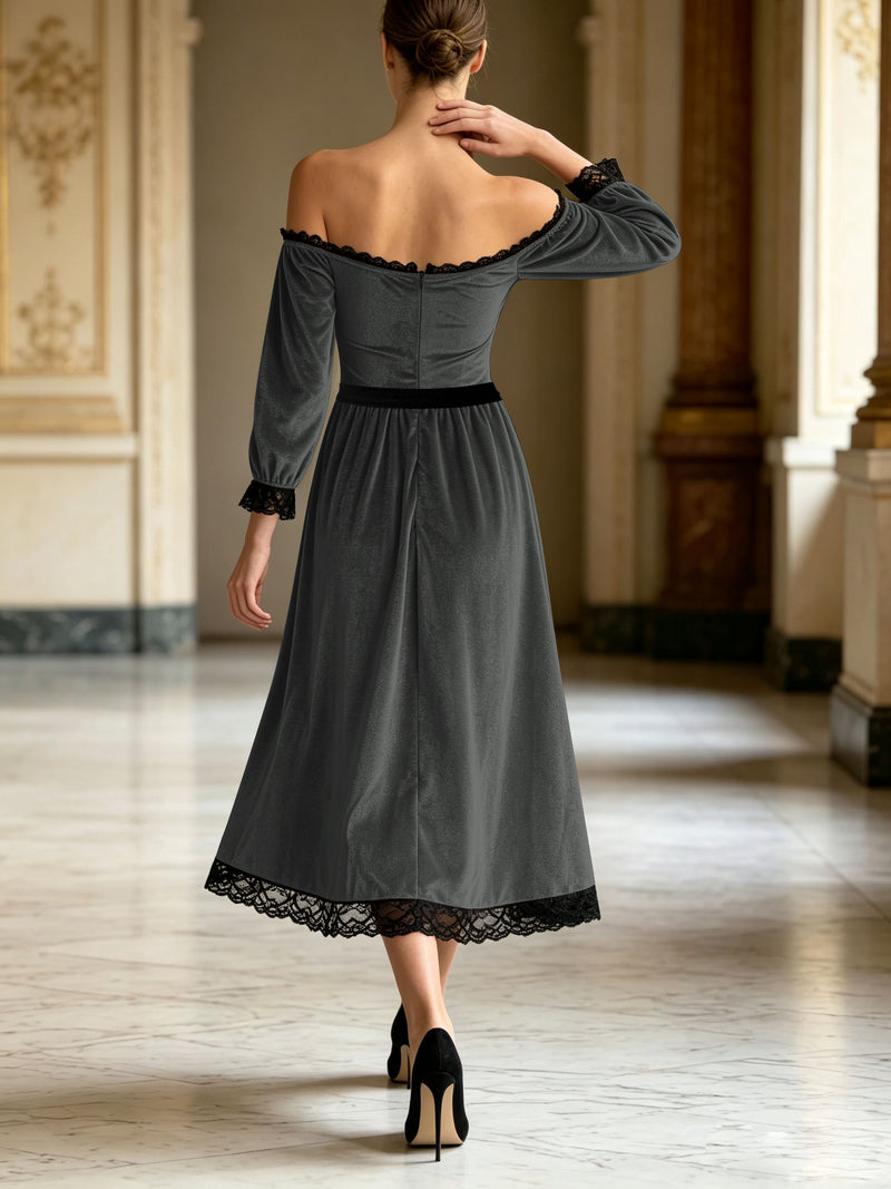 Off-shoulder velvet midi dress with lace trim and bow, view 9 - MRSLM