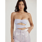 purple off-shoulder ruched bodysuit, view 3 - MRSLM