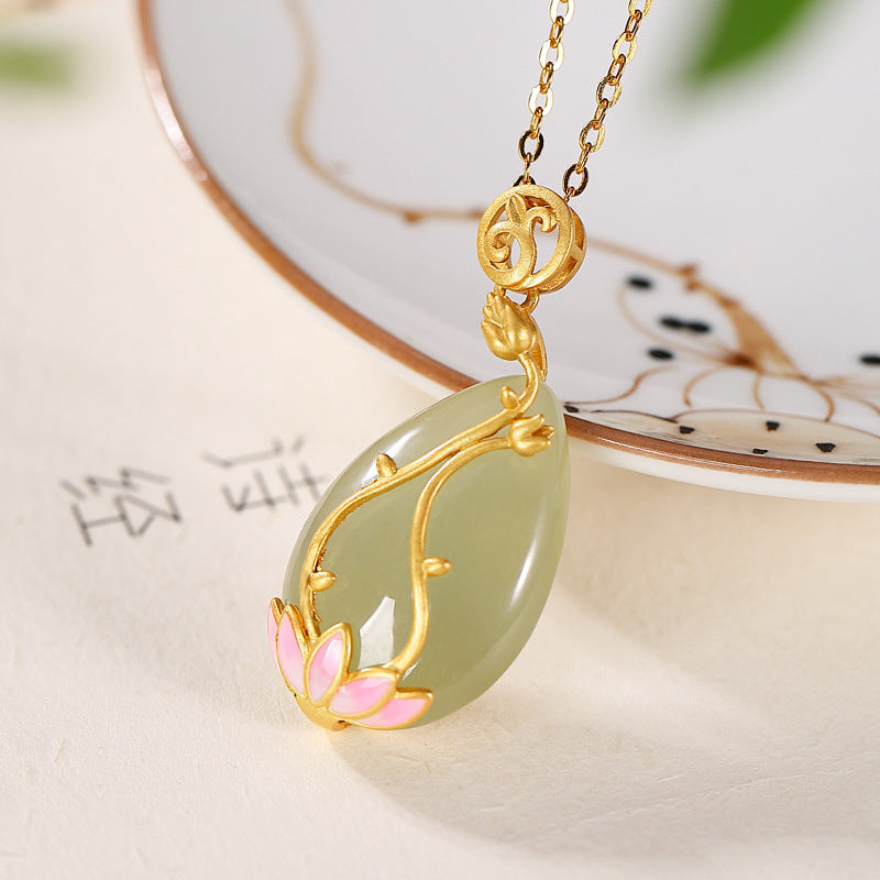 S925 Pure Silver Gold-plated Natural Hotan Jade Sapphire Pendant