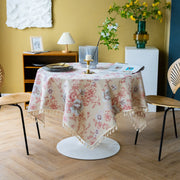 peony print linen-look tablecloth with tassels, view 2 - MRSLM