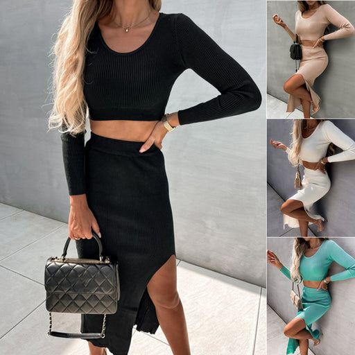 women's long sleeve top and split maxi skirt set - MRSLM