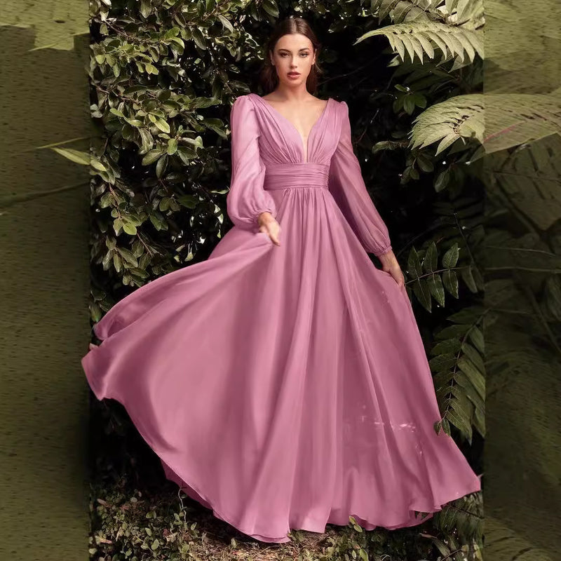 long sleeve chiffon deep V dress, view 5 - MRSLM
