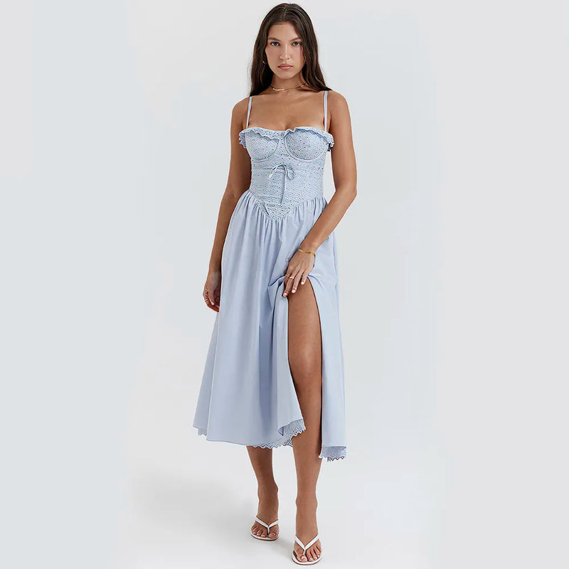 blue midi crochet dress, view 4 - MRSLM