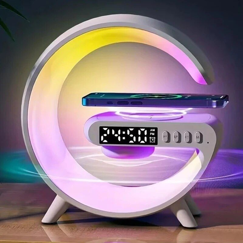 speaker alarm clock lamp with wireless charger, view 2 - MRSLM