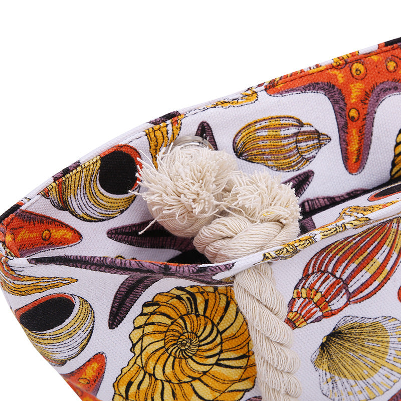 canvas beach tote bag with shell print, view 7 - MRSLM