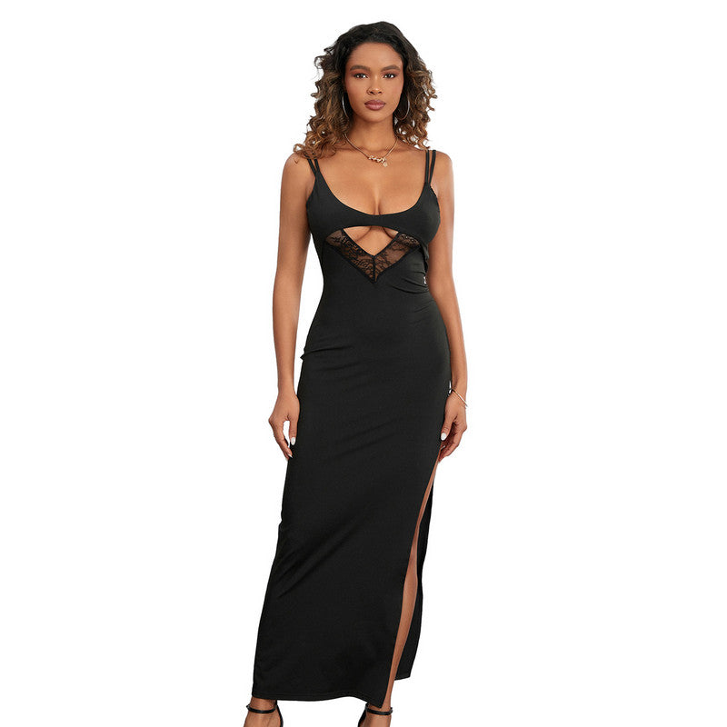 lace patchwork slim dress with thigh slit, view 2 - MRSLM