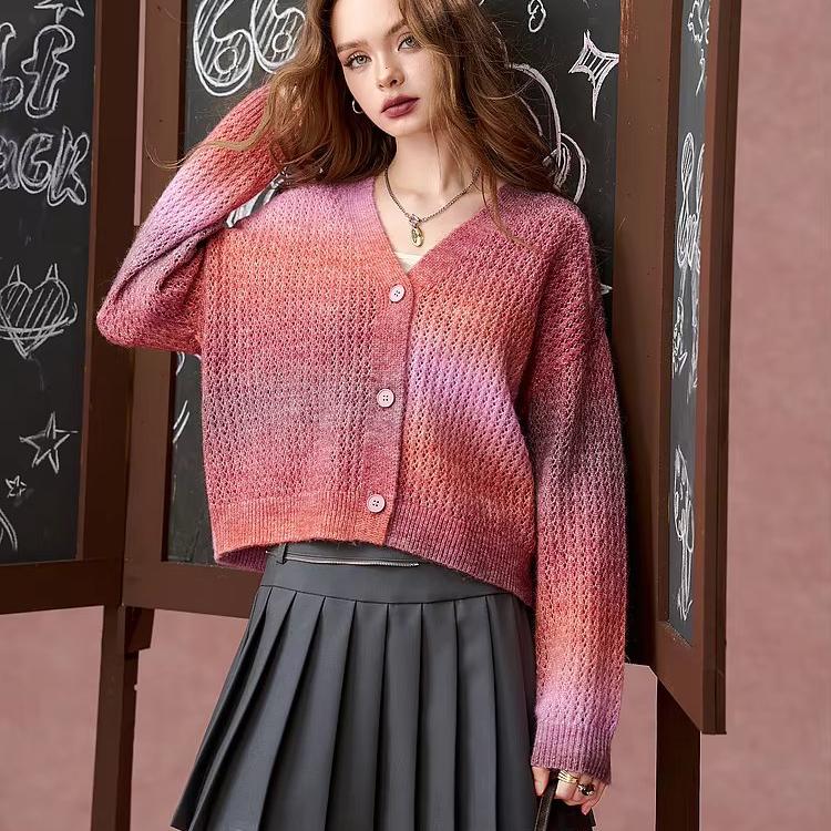 gradient v-neck cardigan sweater, view 2 - MRSLM