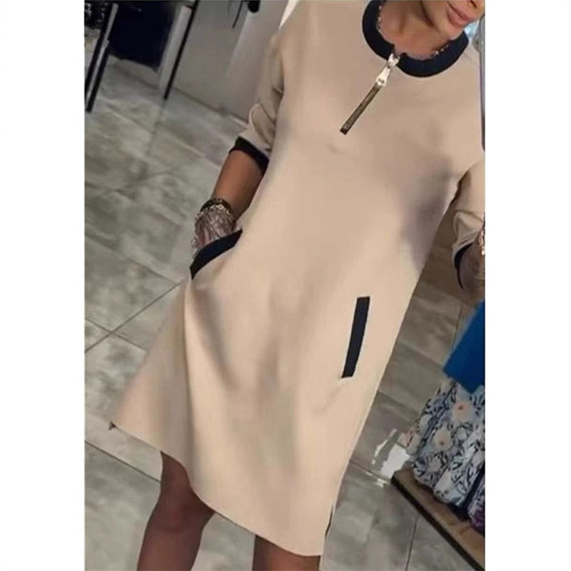 women's midi dress round neck zipper pocket, view 2 - MRSLM