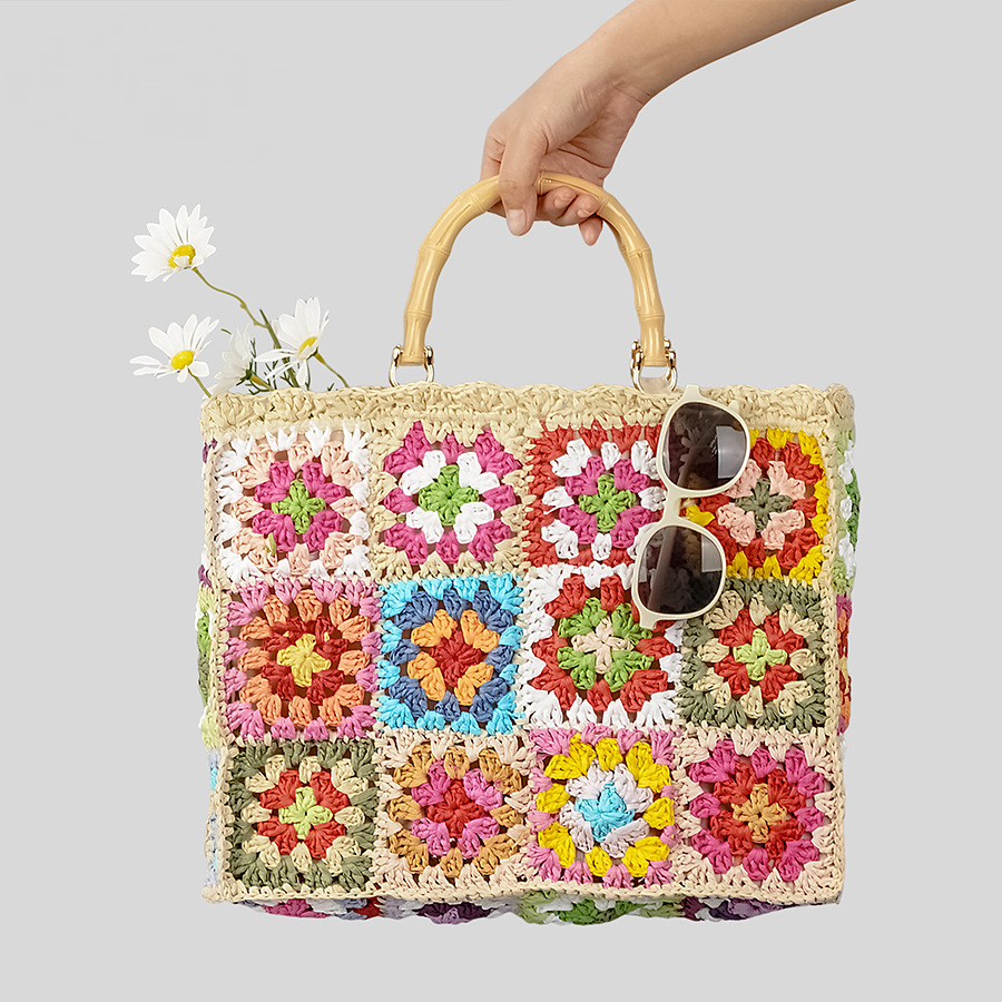Bohemian Floral Tote Bag with Bamboo Handles