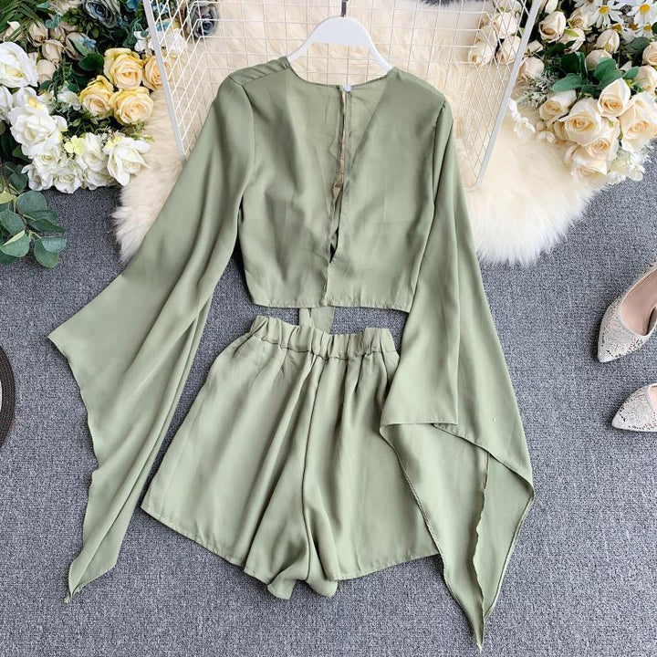 New Design Sense Bell Sleeve Chiffon Shirt High Waist Wide Leg Shorts Western Style Two-piece Suit