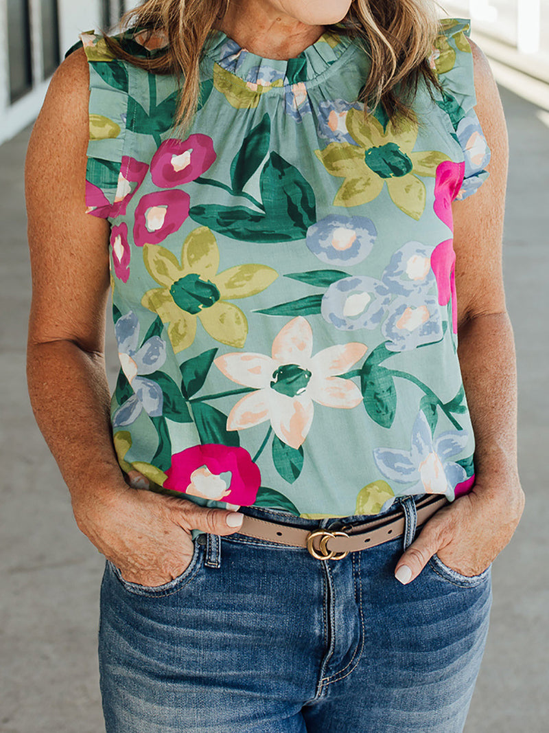 women's ruffle sleeve floral vest top, view 6 - MRSLM