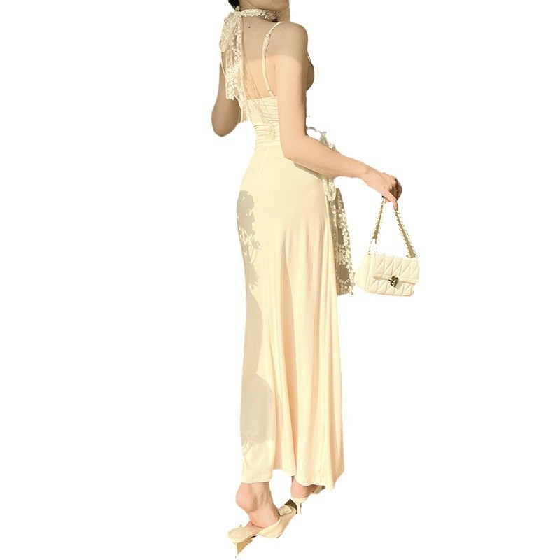 Strap lace patchwork slit dress, view 5 - MRSLM